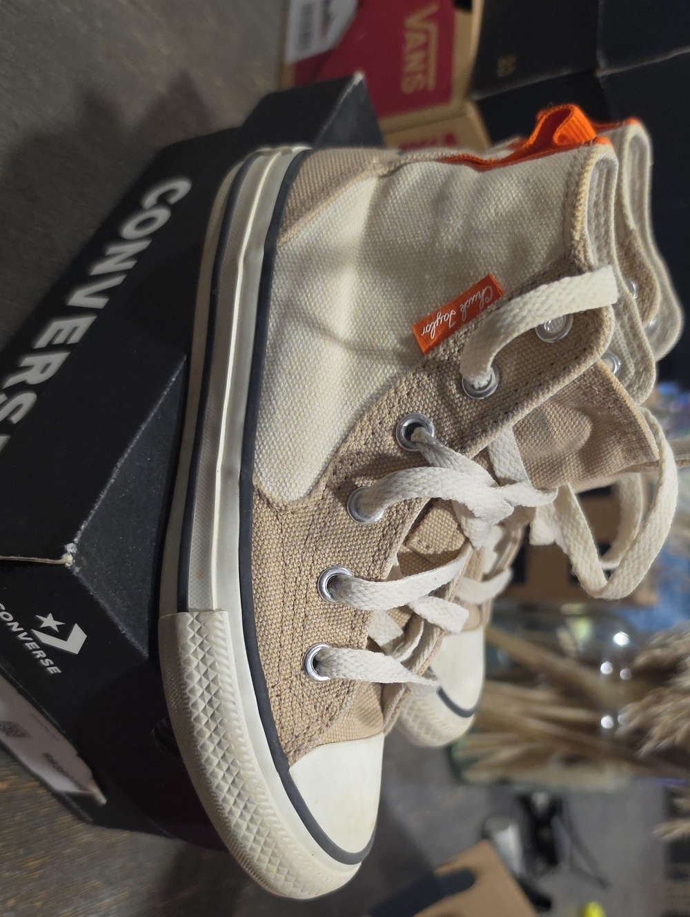 Converse Kids' High-Top Canvas Sneakers in Beige with Orange Tab